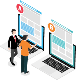 Graphic of two people discussing options in front of laptops